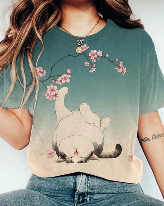 Lässiges T-Shirt mit Katzen-Blumendruck