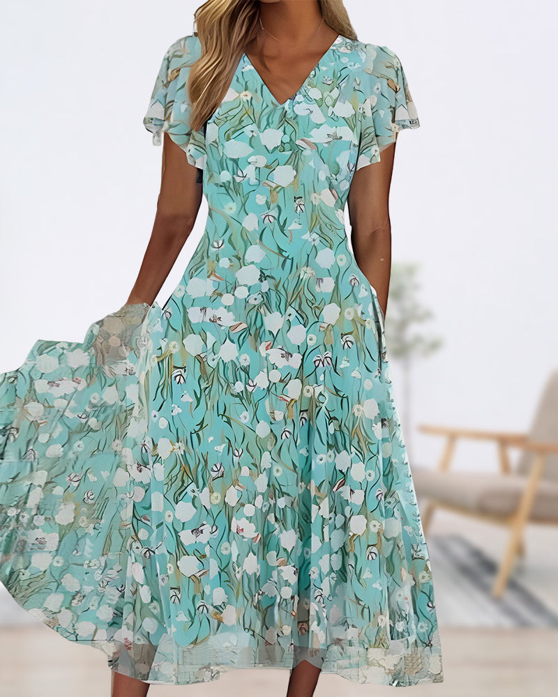 Tailliertes Kleid mit Blumendruck und kurzen Ärmeln