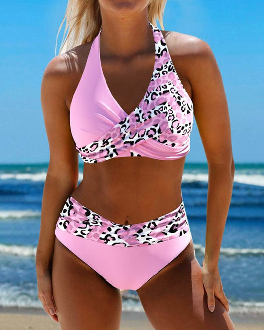 Neckholder-Bikini mit Leoparden-Patchwork-Print