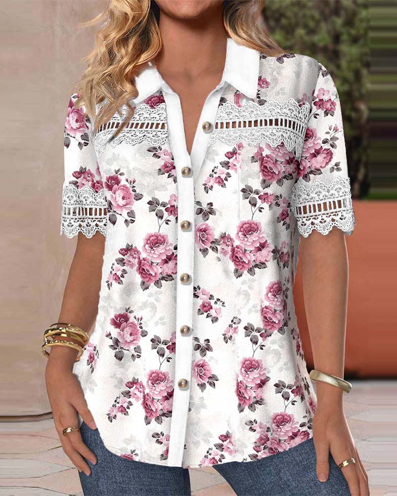Elegantes Spitzen-Patchwork-Hemd mit Blumendruck