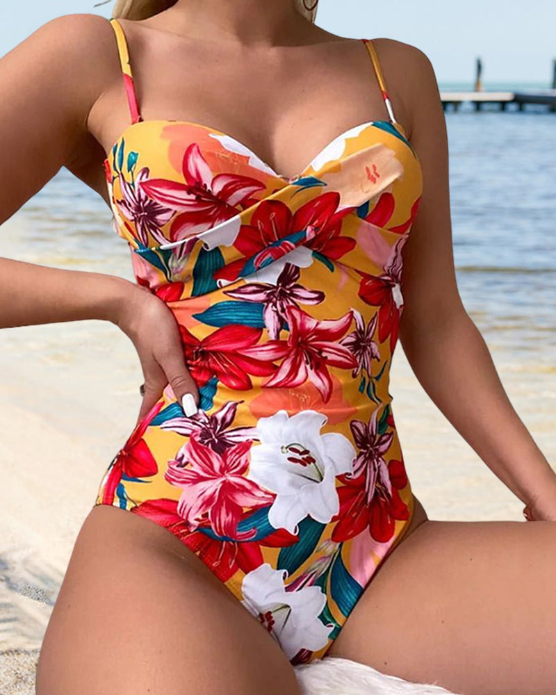 Sexy floral print one-piece swimsuit