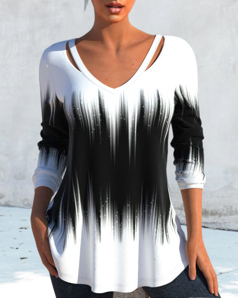 Long-sleeved top with ombre print and neckline