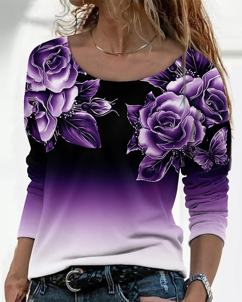 Long sleeve top with round neck and rose print