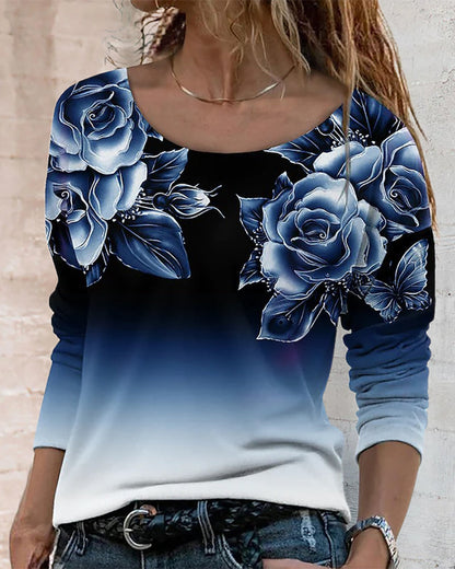 Long sleeve top with round neck and rose print