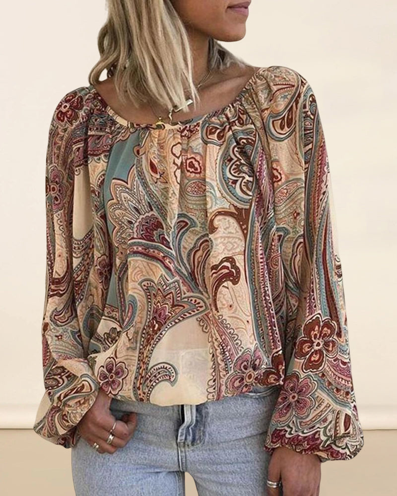 Long sleeve balloon sleeves with V-neck and loose print