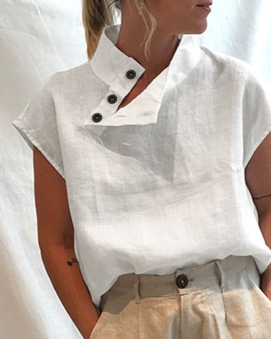 Cotton and linen stand-up collar top