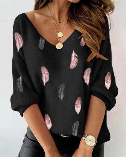 Long-sleeved shirt with letter and feather print