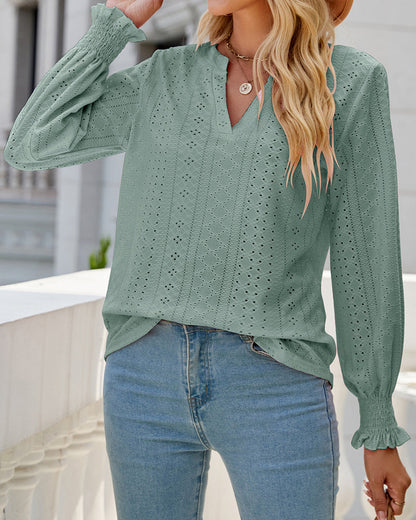 Casual plain blouse with ruffle sleeves