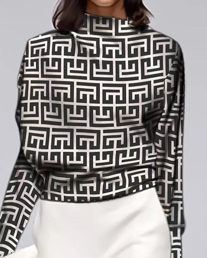 Printed top with stand-up collar