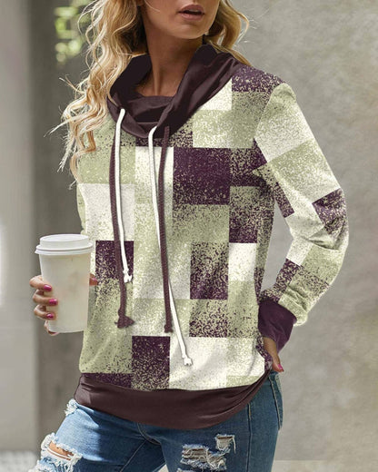 Checked color block drawstring sweatshirt