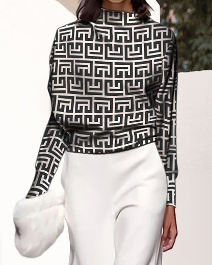 Printed top with stand-up collar