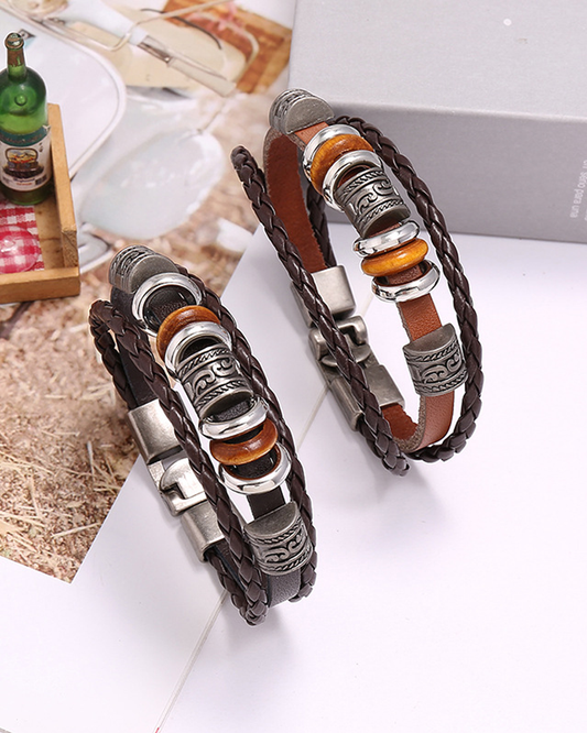 Hand-embroidered multi-layer leather bracelet