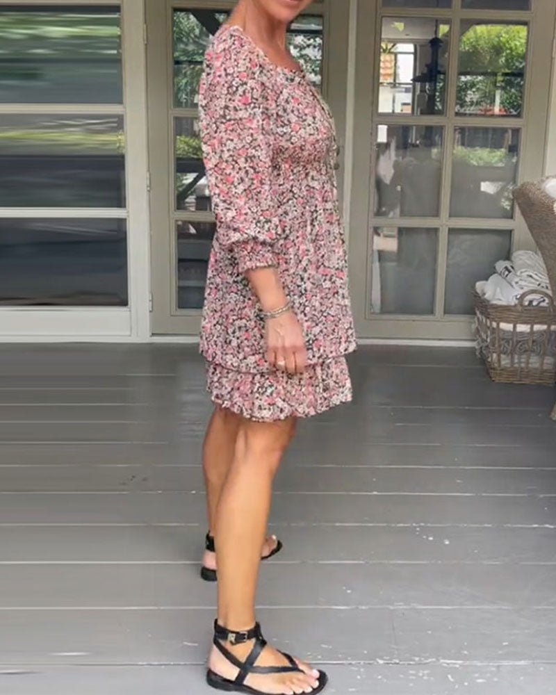 Casual floral print square neck dress
