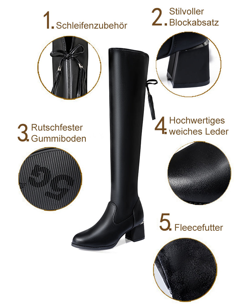 Over-the-knee boots made from stretch fleece with a chunky heel