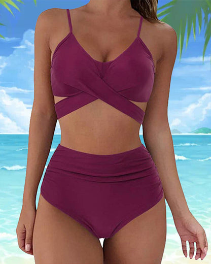 Solid color high waist bikini set