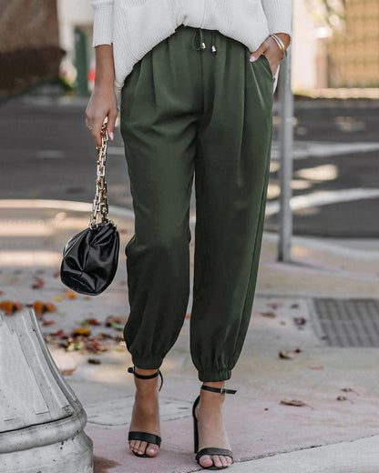 Elegant solid color drawstring trousers