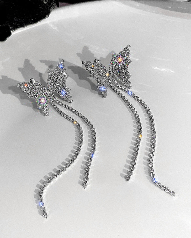 Rhinestone Butterfly Tassel Chain Necklace Earrings