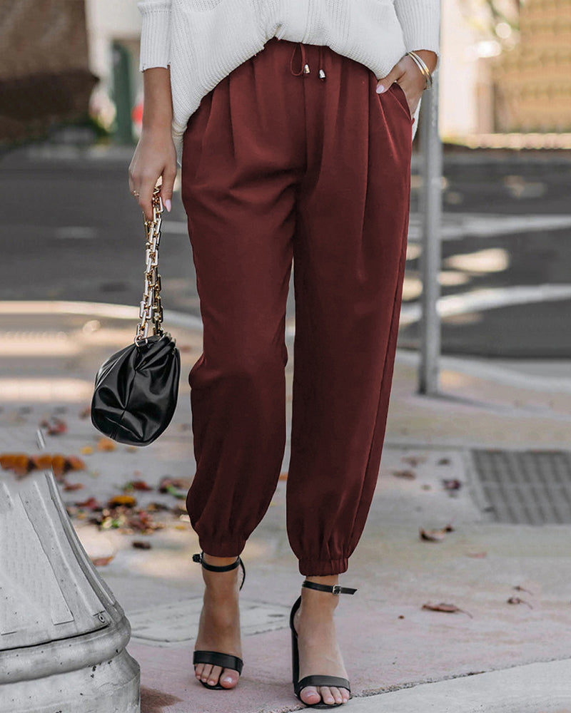 Elegant solid color drawstring trousers