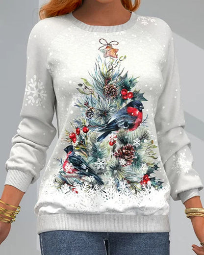 Long sleeve sweatshirt with Christmas tree pattern and bird and snowflake print