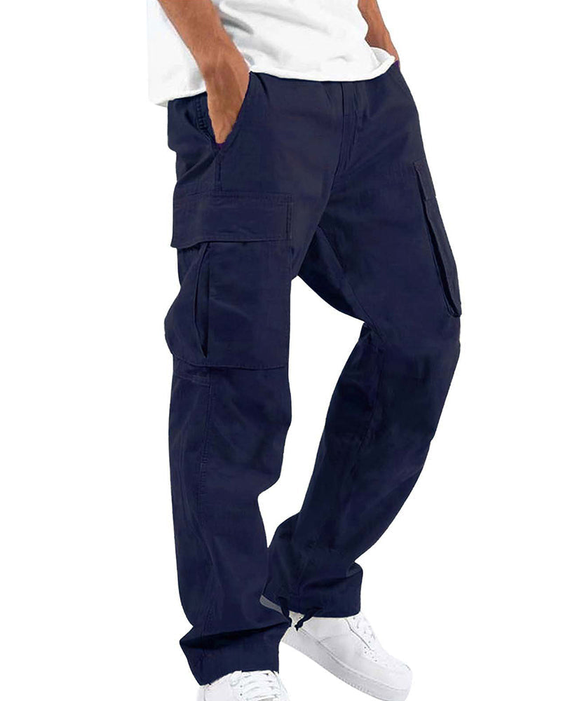 Solid casual trousers with multiple pockets and drawstring