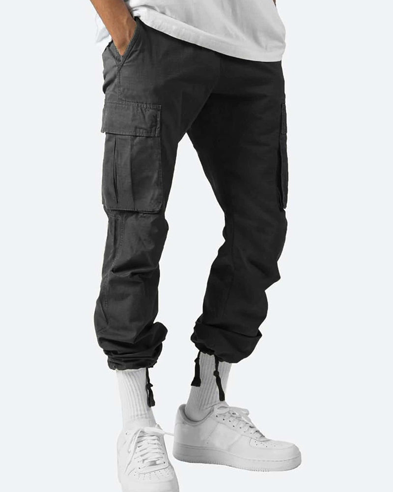 Solid casual trousers with multiple pockets and drawstring