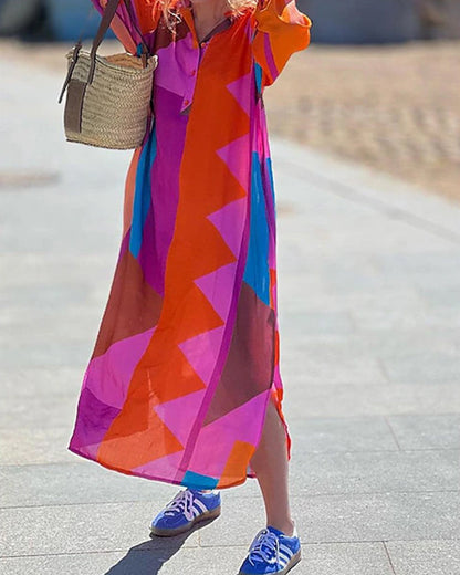 Color block shirt dress with long sleeves