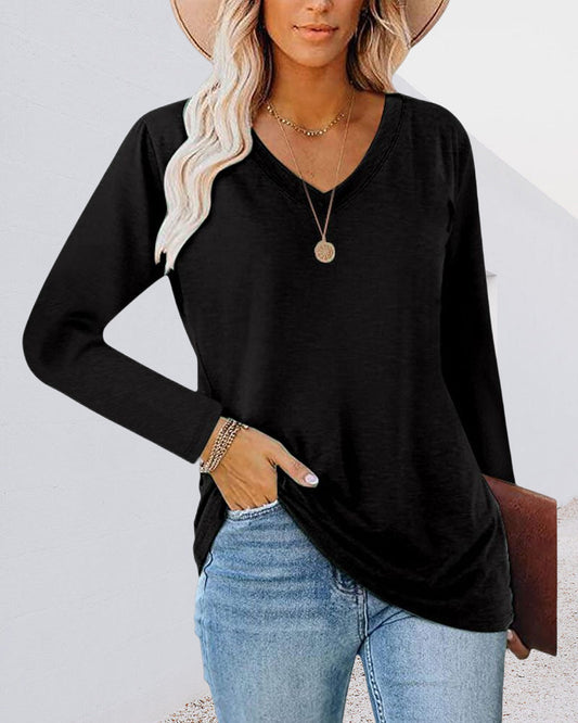 Solid color long sleeve t-shirt with V-neck