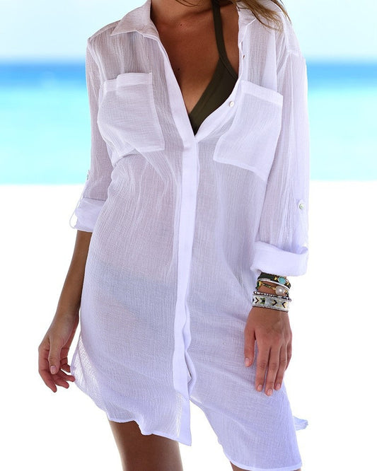 Beach blouse with crinkle pocket and hidden button