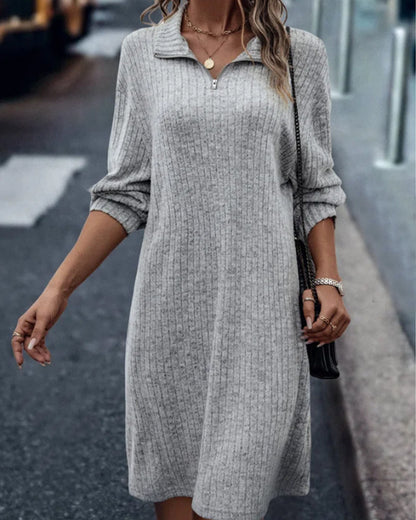 Casual solid color sheath dress with long sleeves and zipper