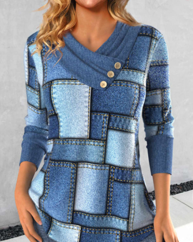 Blue checked blouses with slanted collars