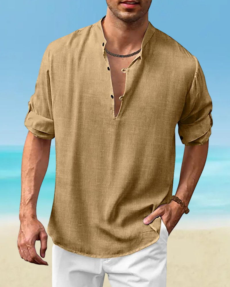 Plain shirt with a stand-up collar and long sleeves