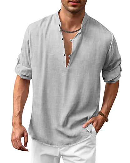Plain shirt with a stand-up collar and long sleeves