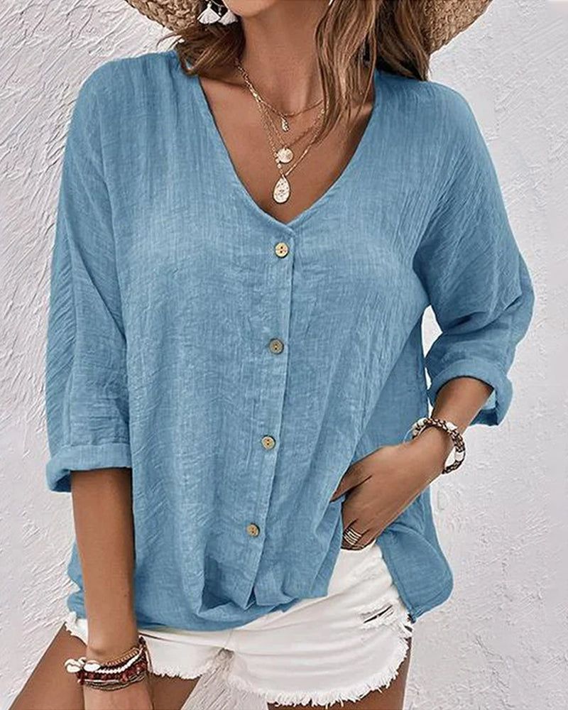 V-neck blouse made of cotton and linen