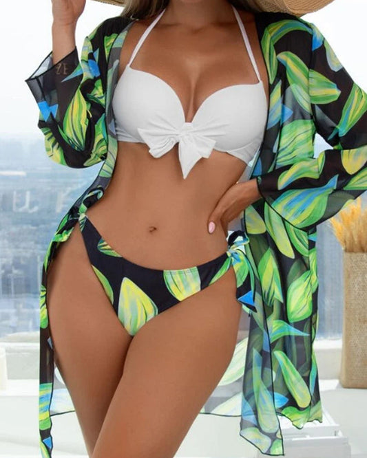 Three-piece printed bikini mesh blouse set