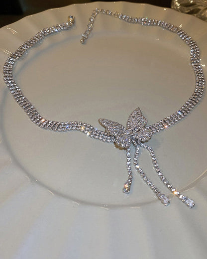 Rhinestone Butterfly Tassel Chain Necklace Earrings