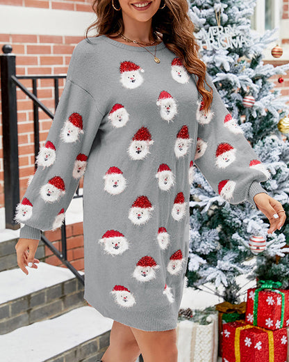 Casual sweater dress with Santa Claus print