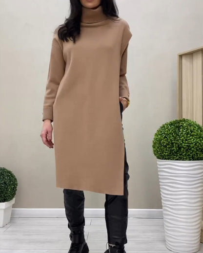Turtleneck sweater dress with side slit