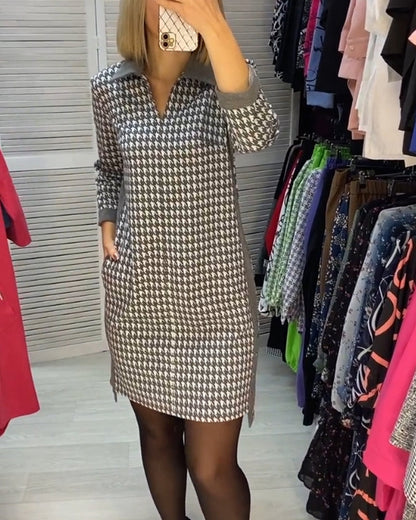 Lapel dress with pocket and checked pattern