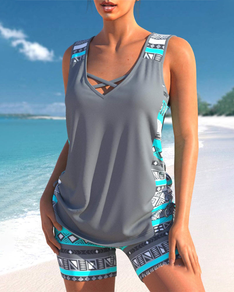 Tankinis with geometric print and V-neck