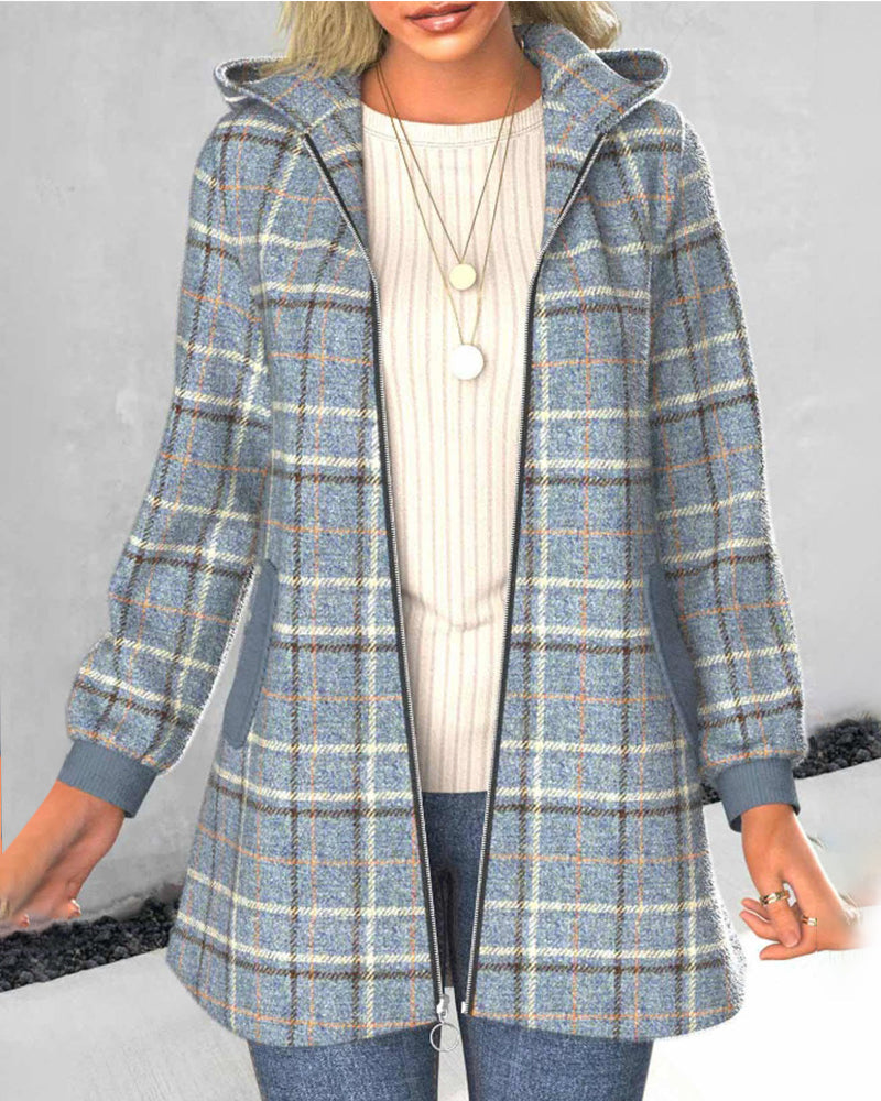 Coat with plaid and hoodie