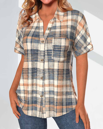Short sleeve blouse with button and check pattern