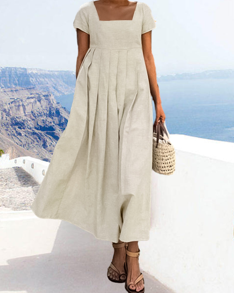 Square collar dress in cotton and linen