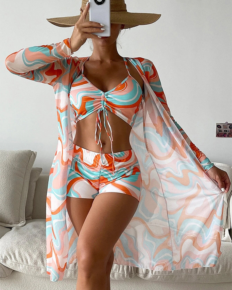 Three-piece printed bikini swimsuit