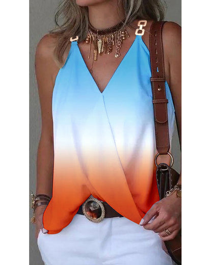 Simple printed vest with metal buckle and v-neck