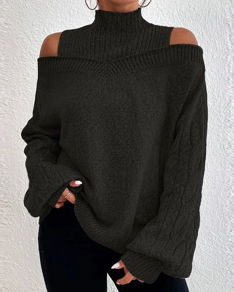 Chic solid color sweater with a high neck, cold shoulder and long sleeves