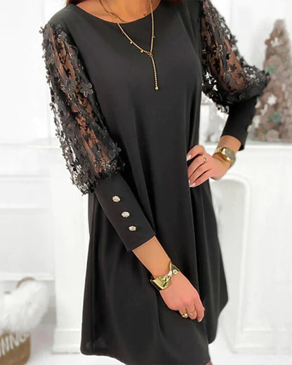 Solid color dress with a round neckline and puff sleeves