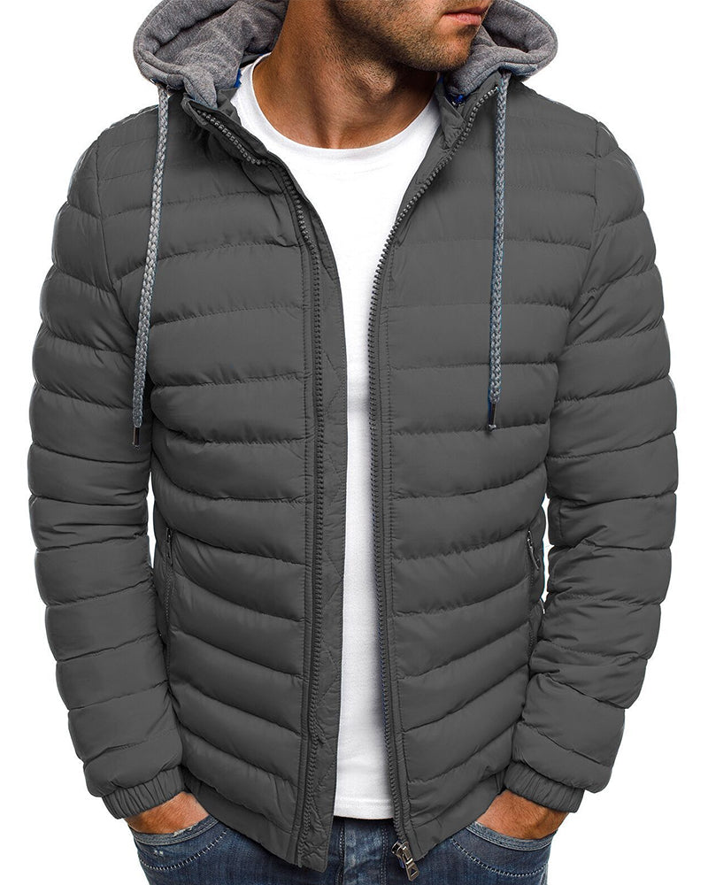 Solid color hooded jacket with zip fastening