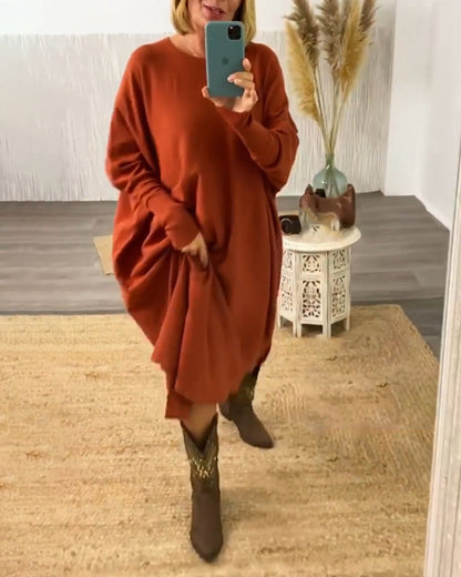 Solid color sweater dress with batwing sleeves