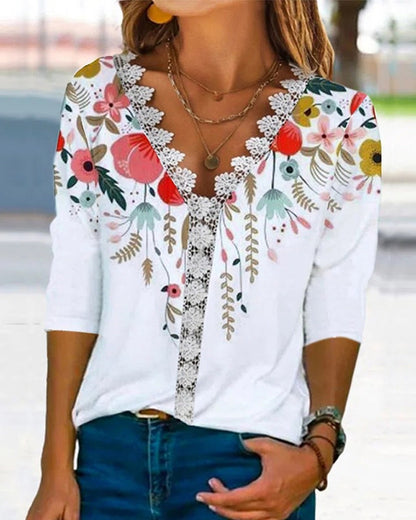 Printed lace blouse with V-neck