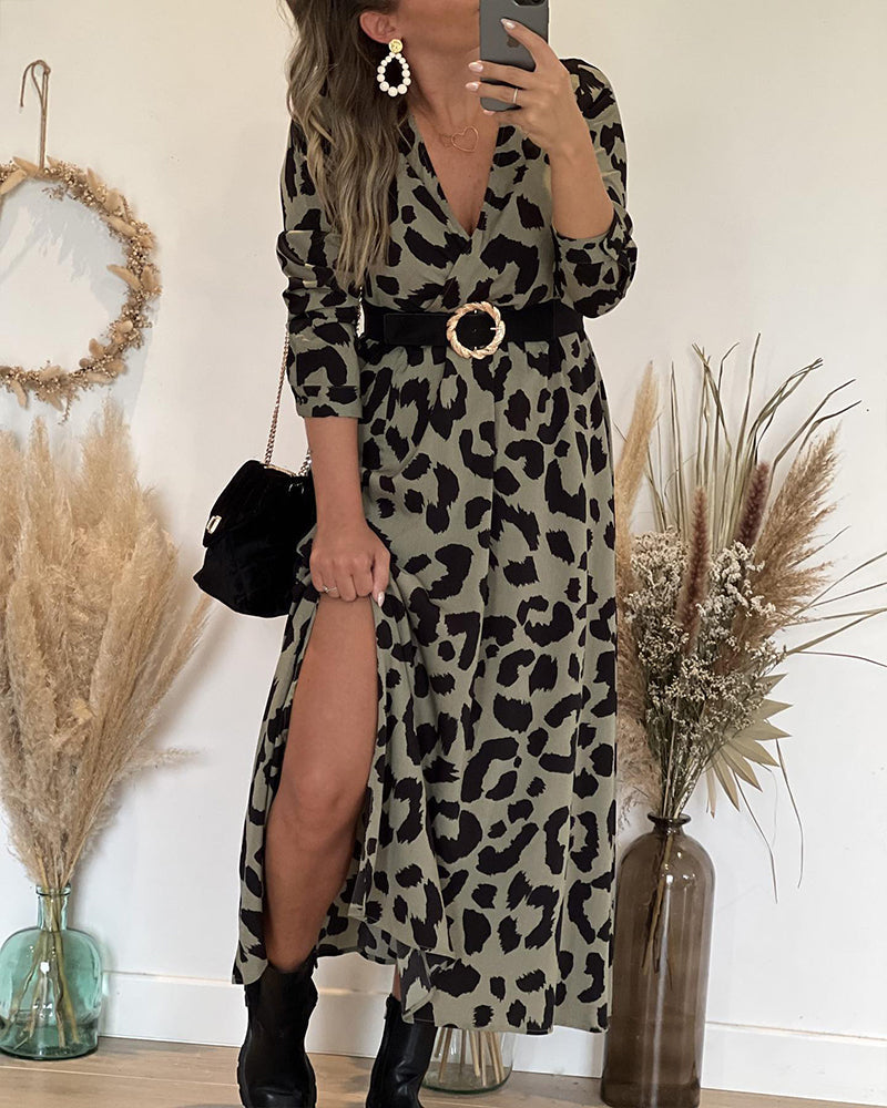 A-line dress with slit and leopard print